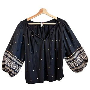 Anthropologie Pilcro Shirt Women Medium Black Tan Embroidered Boho Cottage Puffy